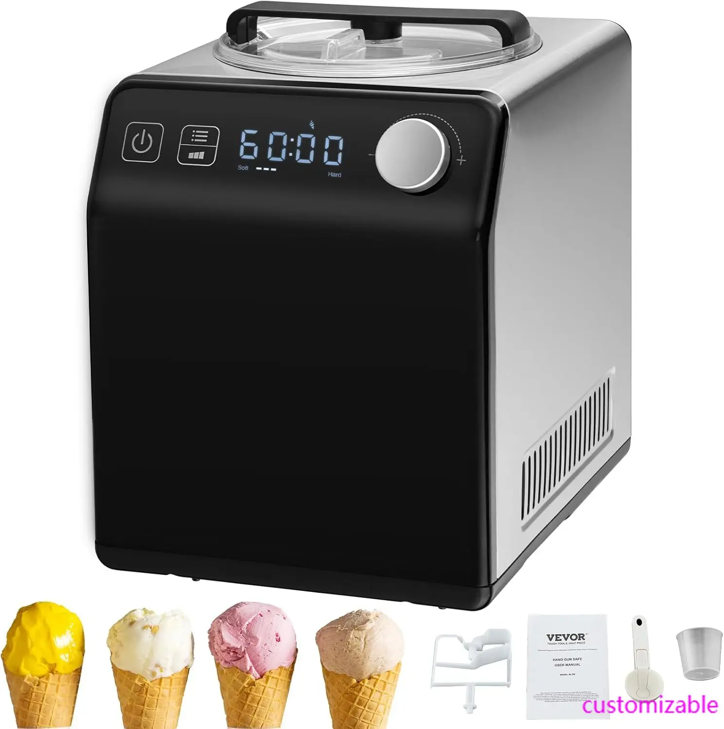 

Upright Automatic Ice Cream Maker with Built-in Compressor, 2 Quart No Pre-freezing Fruit Yogurt Machine, Stainless Steel
