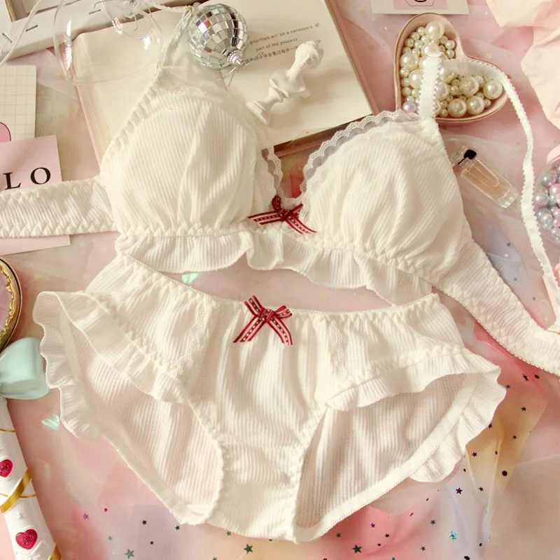 Japanese Girl Cute Bra & Panties Set Ruffles Wire free Soft Underwear Sleep Intimates Set Kawaii Lolita Women Underwear Set bh