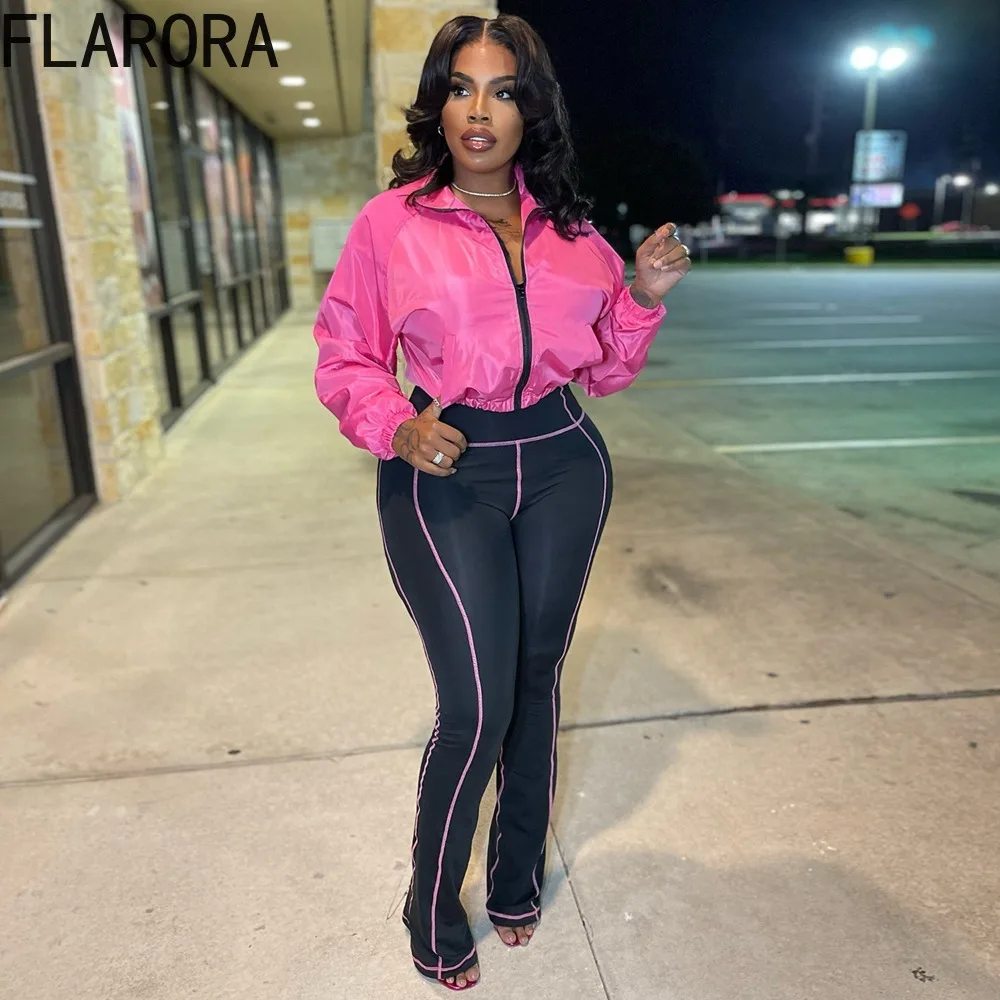 

FLARORA Casual Stripe Patchwork 2 Piece Sets Woman Solid Color Long Sleeves Zip Crop Jackets And Skinny Pants Fall Tracksuits