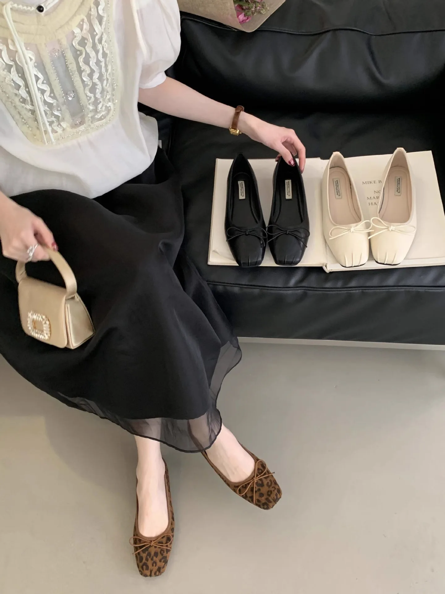 Damen-Ballerinas mit Leopardenmuster, eckiger Zehenpartie und Schleifendekoration, lässige Alltagsschuhe für Damen – Detail 7