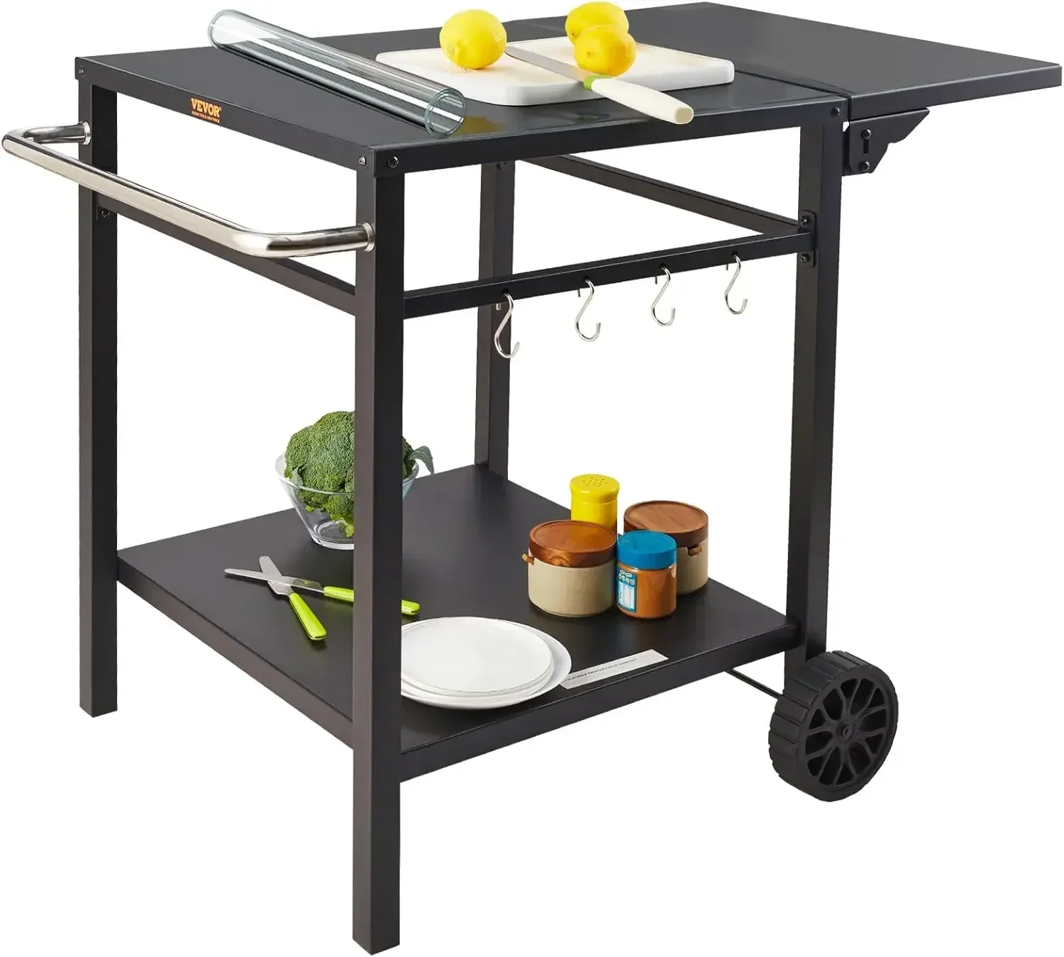 Outdoor Grill Dining Cart with Double-Shelf, BBQ Movable Food Prep Table, Multifunctional Foldable Iron Table Top