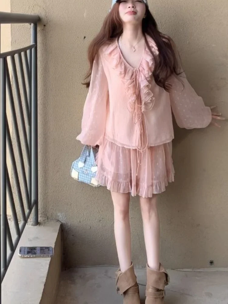 IMU 2000s Aesthetic Elegant Chiffon 2 Piece Set Women Summer Y2k Ruffled Design Blouse + Chic Skirt Female Korea Style Chic Outf