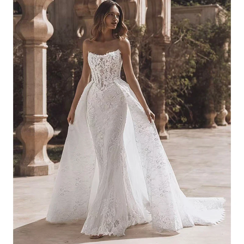 

Romantic Detachable Train Weddingdress Embroidered On Net With Mermaid Sleeveless Strapless Customized Bride Vestido De Novia