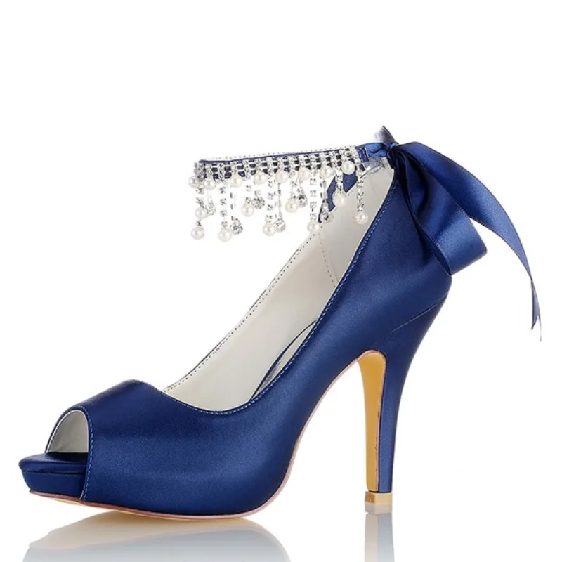 High heels spring new fish mouth silk surface rhinestone pearl wedding shoes banquet large size waterproof platform women's shoe