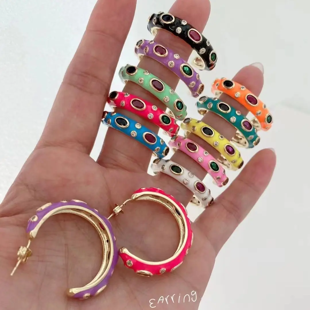 

5 Pairs, New Colorful Enamel Zircon Round Circle Studs Earrings 2023 Gold Plated Stylish Charm Fashion Jewelry Women