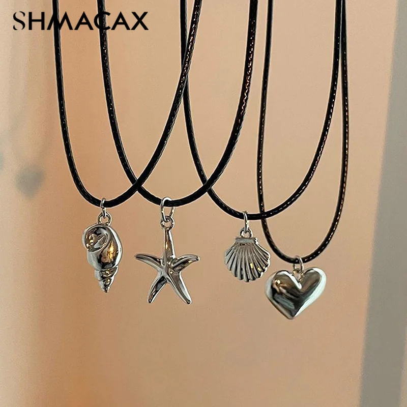 Retro Black Rope Heart Shell Pendant Necklace For Women Starfish Clavicle Chain Necklace Trendy Accessories Gift