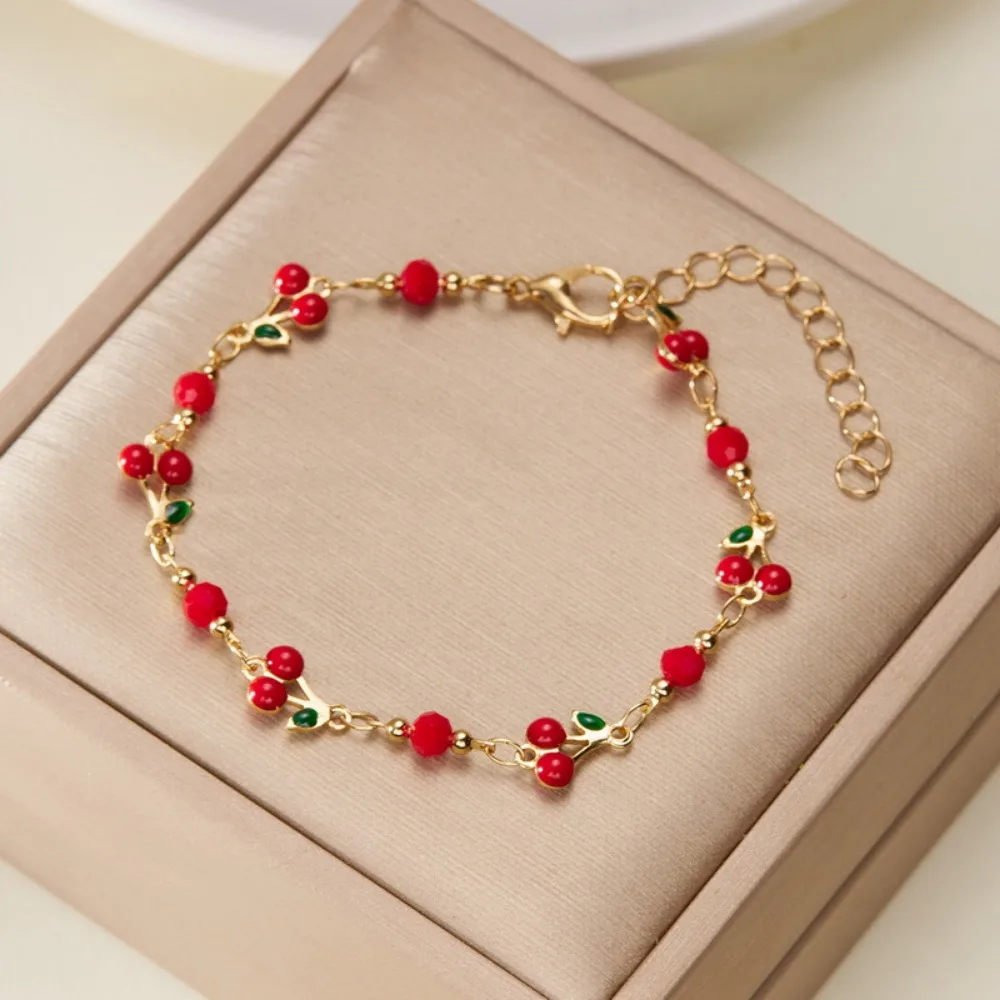 Exquisite Fashion Red Cherry Small Sunflower Flower Heart Beaded Bracelets for Women Sweet Daily Party Birthday Gift Jewelry