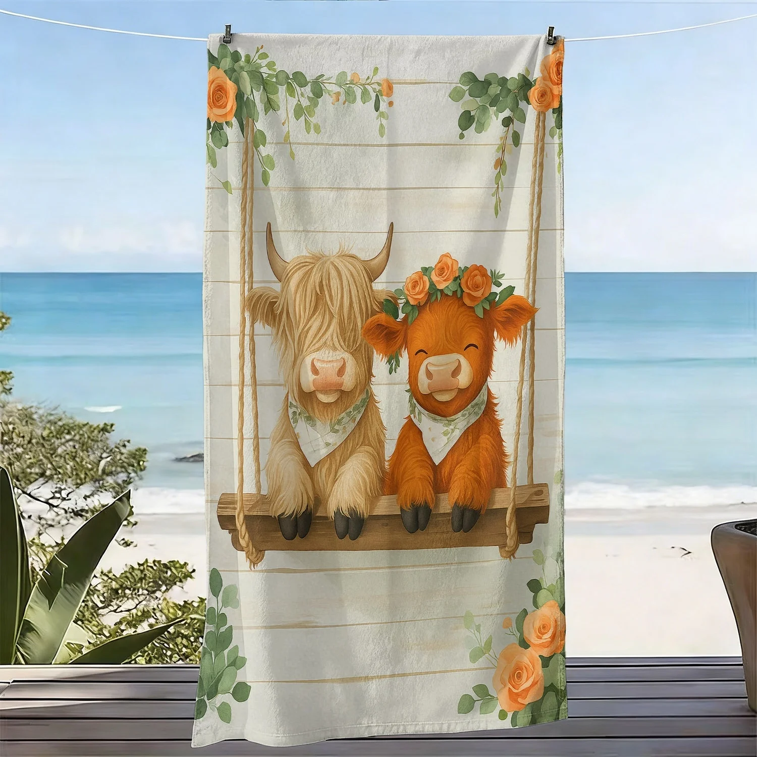 theme of Scottish Highland Cattle polyester microfiber beach towel is highly absorbent, suitable for swimming and beach outings