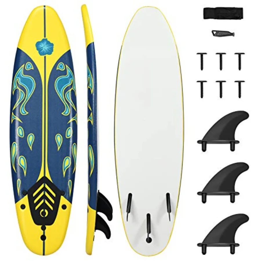 

Surfboard 6' Body Board for surfing fishing water yoga EVA foam blue non-slip surface removable fins protective leash