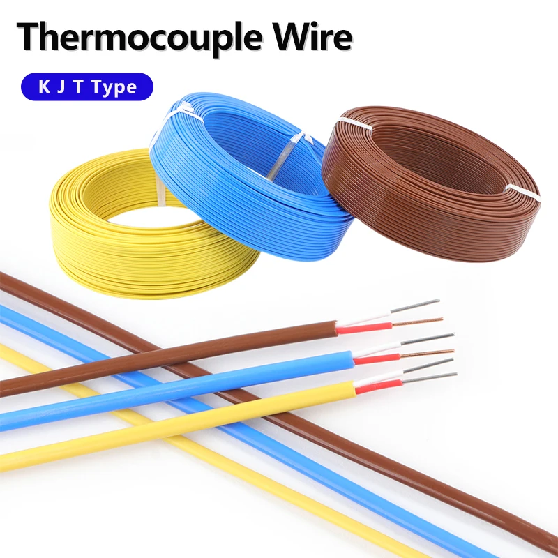 5/10/50/100m Thermocouple Wire 2 Cores K J T Type High Temperature Measuring Compensation Cable PTFE Insulator Electronic Line