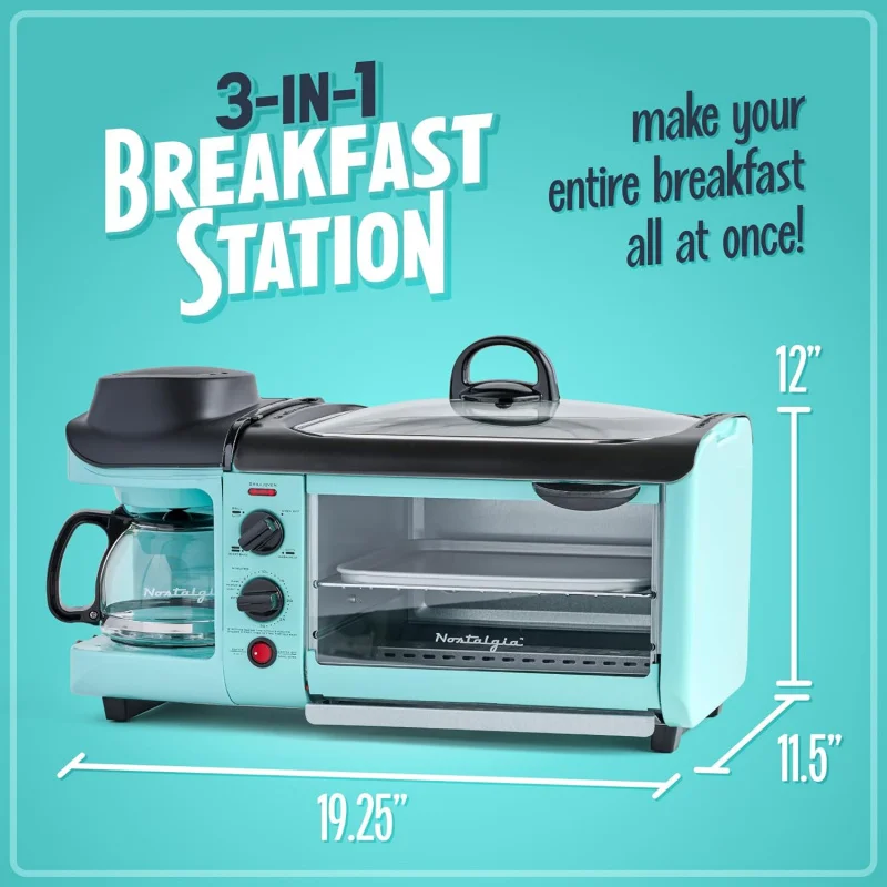 Nostalgia 3-in-1 Breakfast Station - Includes Coffee Maker, Non-Stick Griddle, and 4-Slice Toaster Oven - Versatile Breakfast Ma