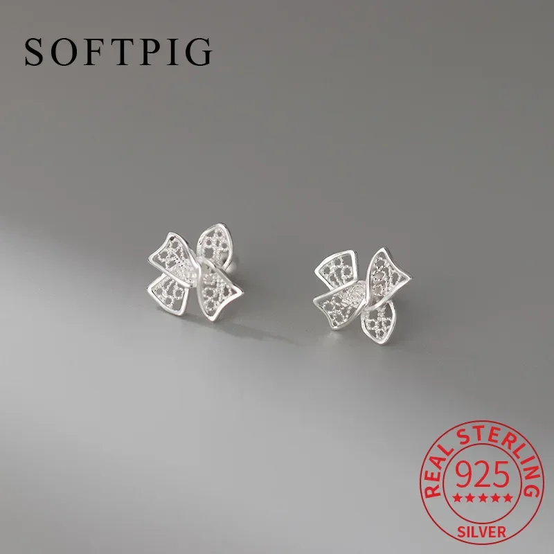 

SOFTPIG Real 925 Sterling Silver Hollow Silk Flower Bowknot Stud Earrings for Women Cute Fine Jewelry Light Luxury Accessories