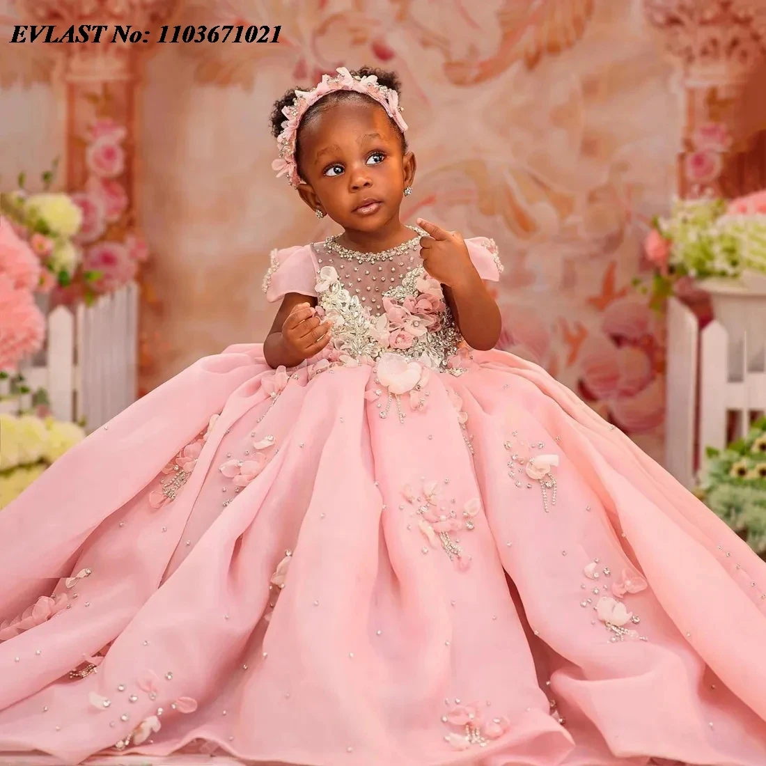 

EVLAST Customized Pink Ball Gown Flower Girl Dress For Weddings Floral Applique Beading Girls Pageant First Communion Gown FD62