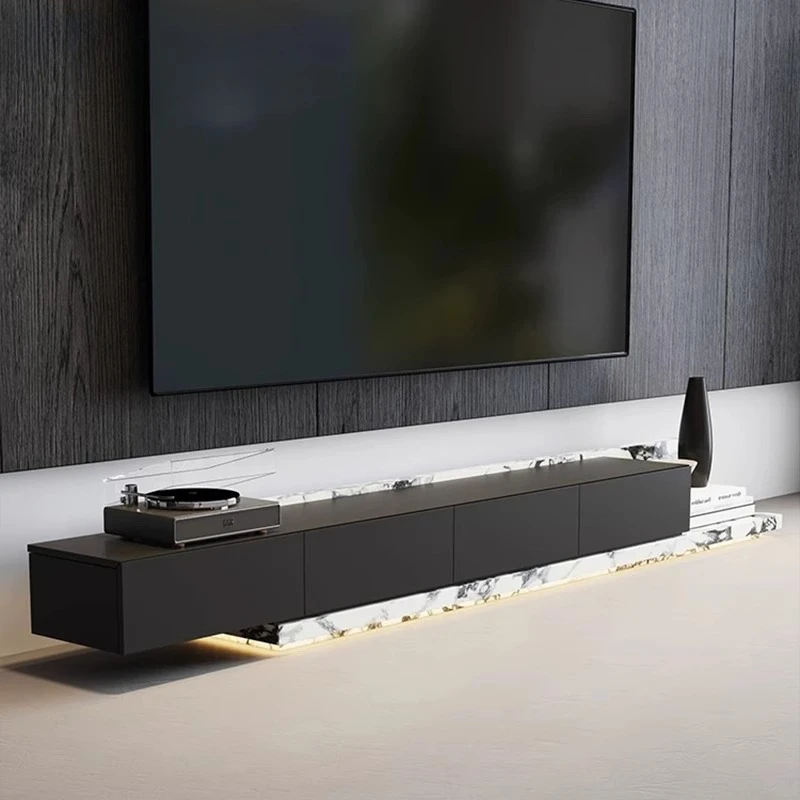 background wall floor-to-ceiling Italian minimalist floor Light luxury high-end living room simple suspended rock slabTV cabinet