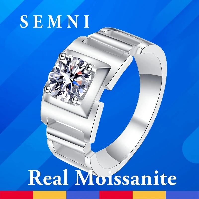 SEMNI US Size 1.0CT Moissanite Diamond Ring for Men PT950 Plated 925 Sterling Silver Men's Gift Powerful Band Fine Jewelry