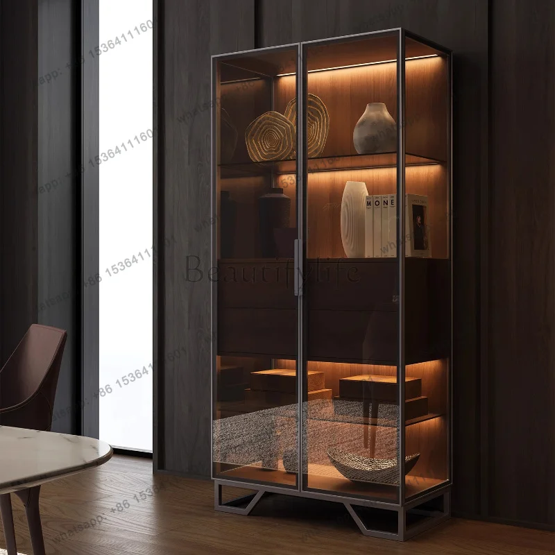 LSModern luxury carbon steel plus tempered glass display cabinet living room cabinets Storage locker cabinet Armoire furniture