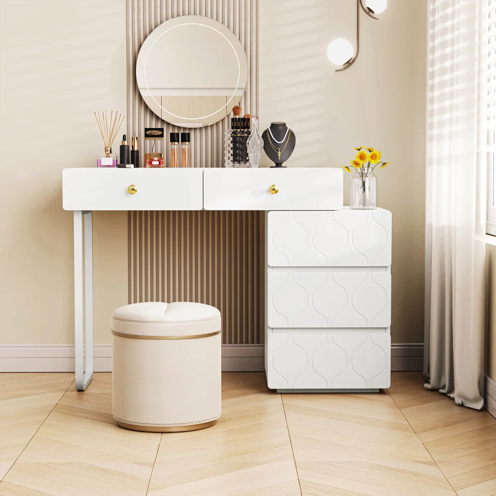 Versatile Dressing Table 5 Drawers Wave Pattern Minimalist Style White 90x40x64cm