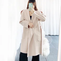 Manteau à capuche mi-long en cachemire pour femme, noir, ondulation de l'eau, décontracté, à lacets, beige, classique, automne, hiver, nouveau