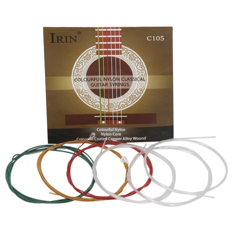 IRIN C105 Rainbow Guitar Strings ไนลอน Core ที่มีสีสันเคลือบทองแดงสำหรับ Acoustic กีตาร์คลาสสิก (.028-.043)