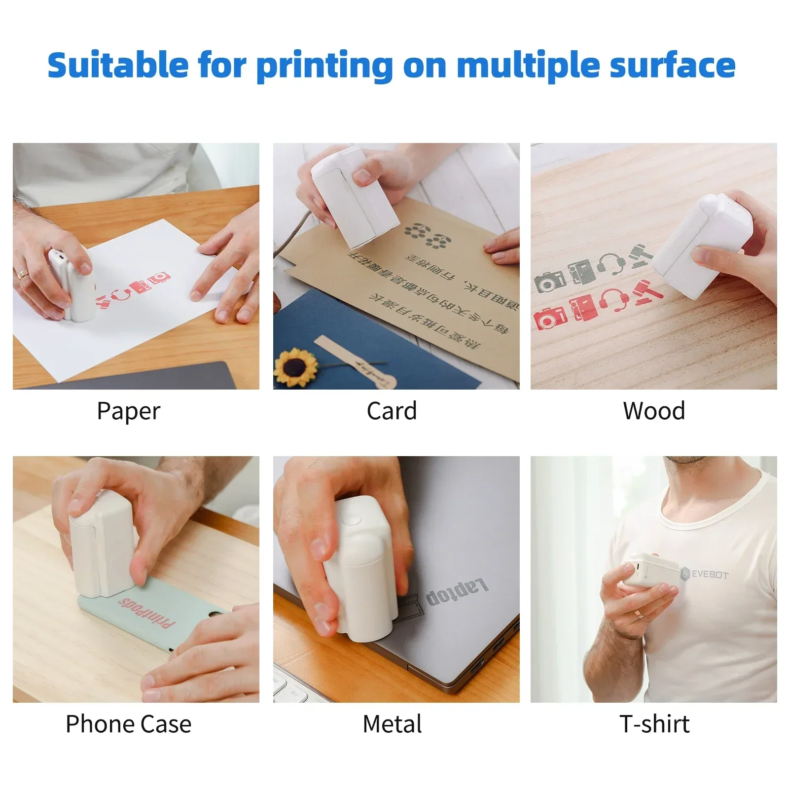 Evebot PrintPods Handheld Printers for Absorbent Surfaces 300dpi Mini Wireless Smart Printing Machine Pattern LOGO QR Code