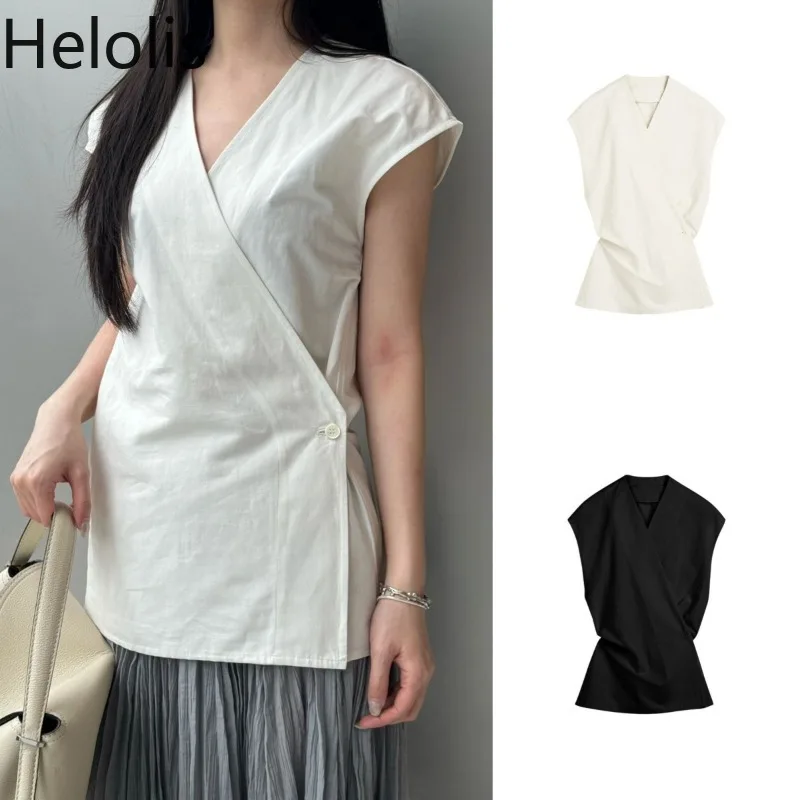 

Хлопково-льняная рубашка без рукавов Helolis, новинка 2025 года, женская одежда