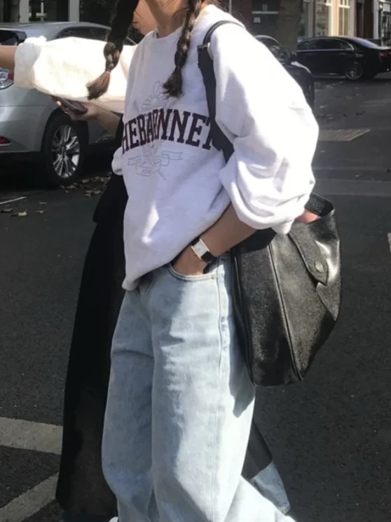 Candy Miss Korean Style Loose Fit Printed Casual Hoodie Letter Sweatshirt Women's Long Sleeve round Neck Commute Style