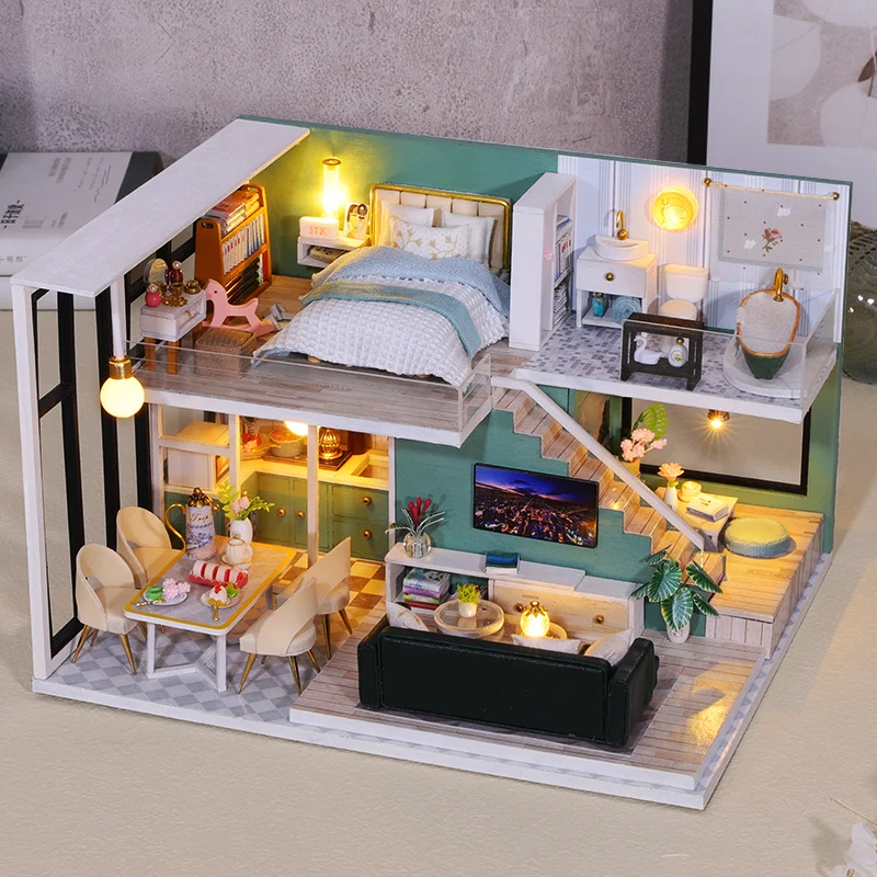 DIY Wooden Miniature Model Kit Modern Loft Bedroom Casa Doll Houses Assembled Dollhouses Villa With Furniture Home Decor Gifts