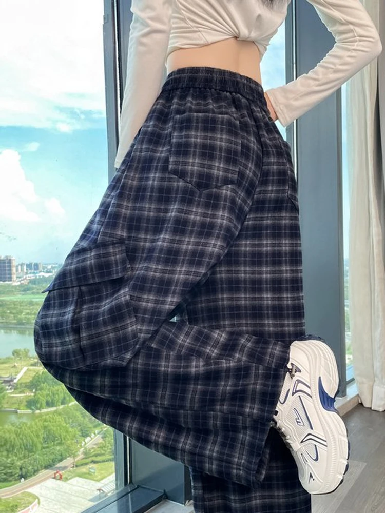 

Retro American Blue Plaid Work Pants High Waist Wide Leg Jazz Dancing Sports Spring Autumn Women's Casual Trousers