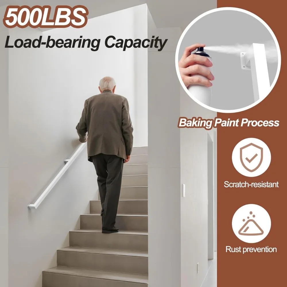 درابزين الدرج الداخلي، درابزين معدني أبيض، مثبت على الحائط، طراز صناعي حديث، يدعم 500 رطل #3