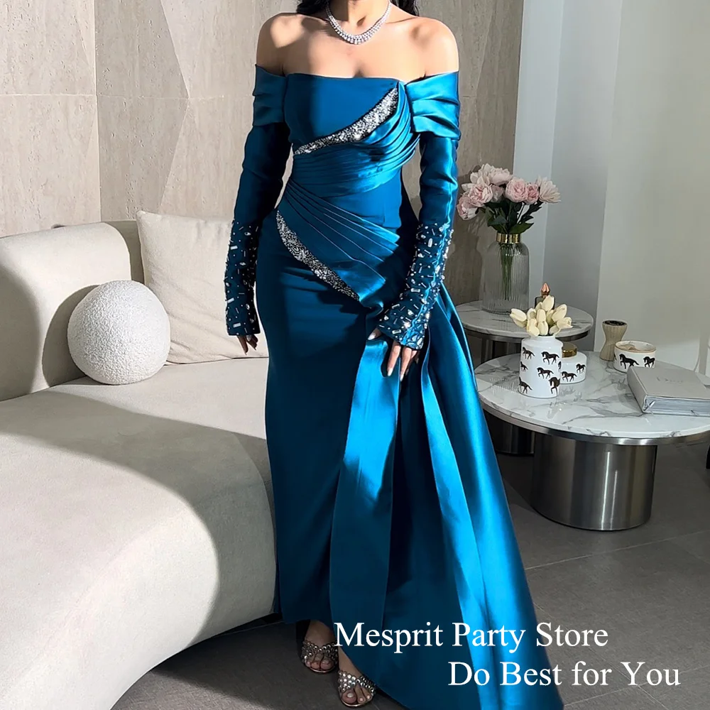 Mesprit Blue Evening Dress Beads Long Sleeves Boat Neck Pleat Ankle Length Mermaid Formal Party Gown Custom Prom Dresses