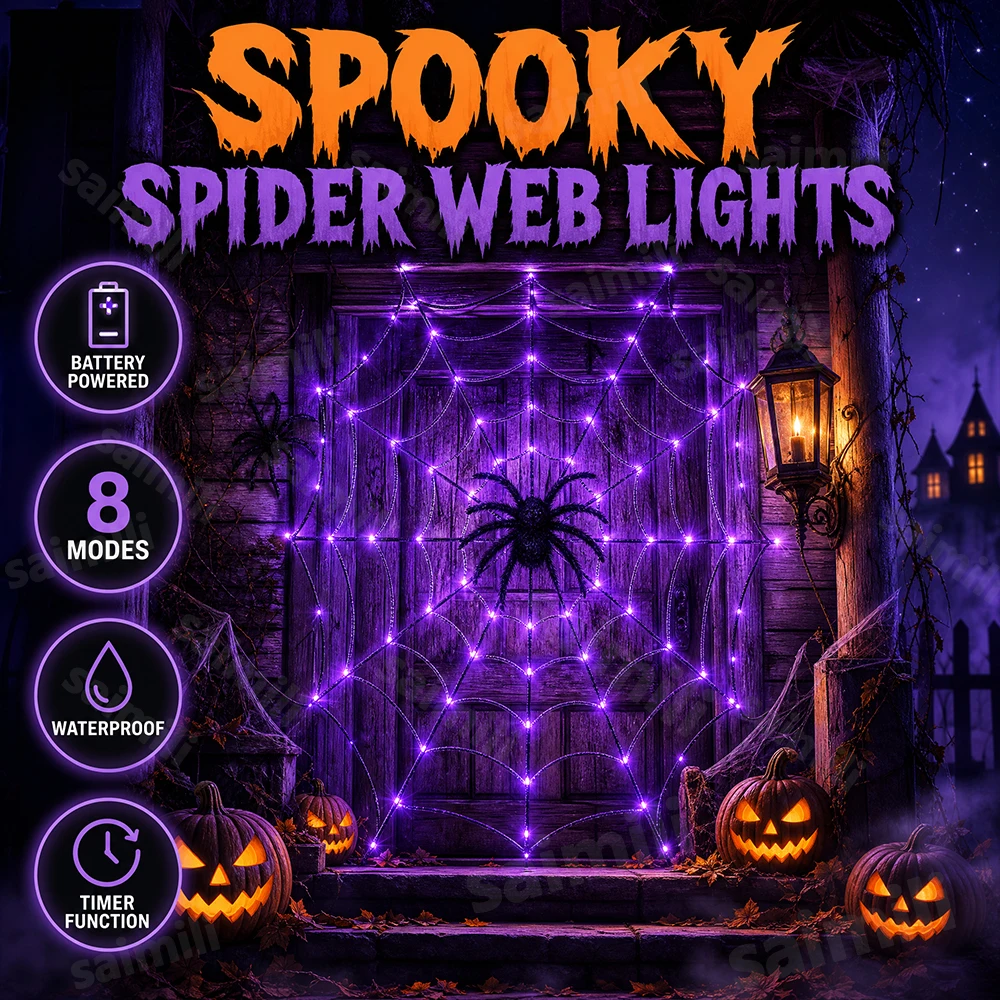 Atmosphere Lamp Halloween Haunted House Spider Web LED Lights 70LED 8 Modes Battery Spooky Atmosphere For Home Holiday Party