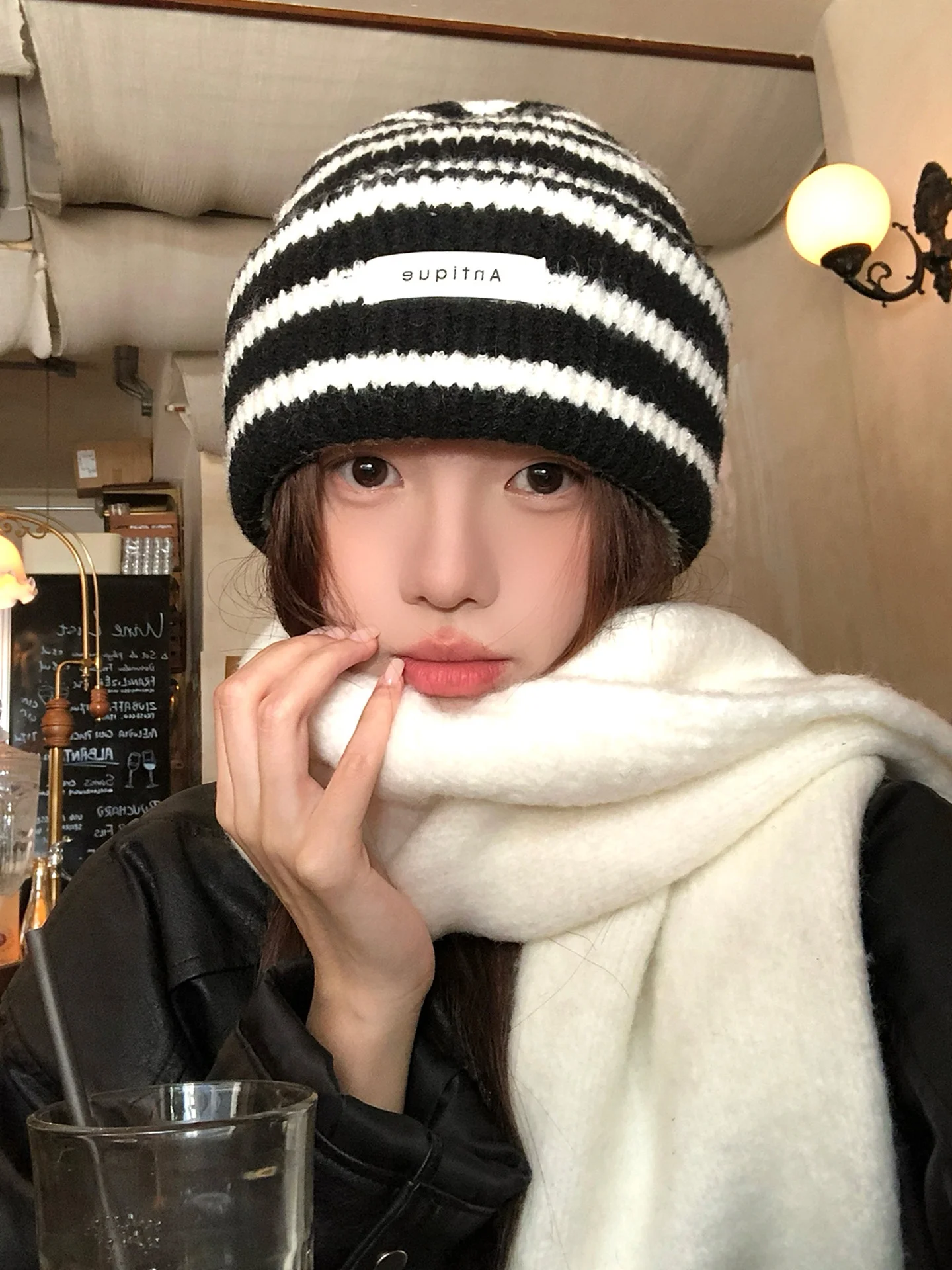 Retro Japanese Striped Letter Fabric Label Knitted Woolen Cap Women's Autumn Winter All-Match Ear Protection Warm Hat