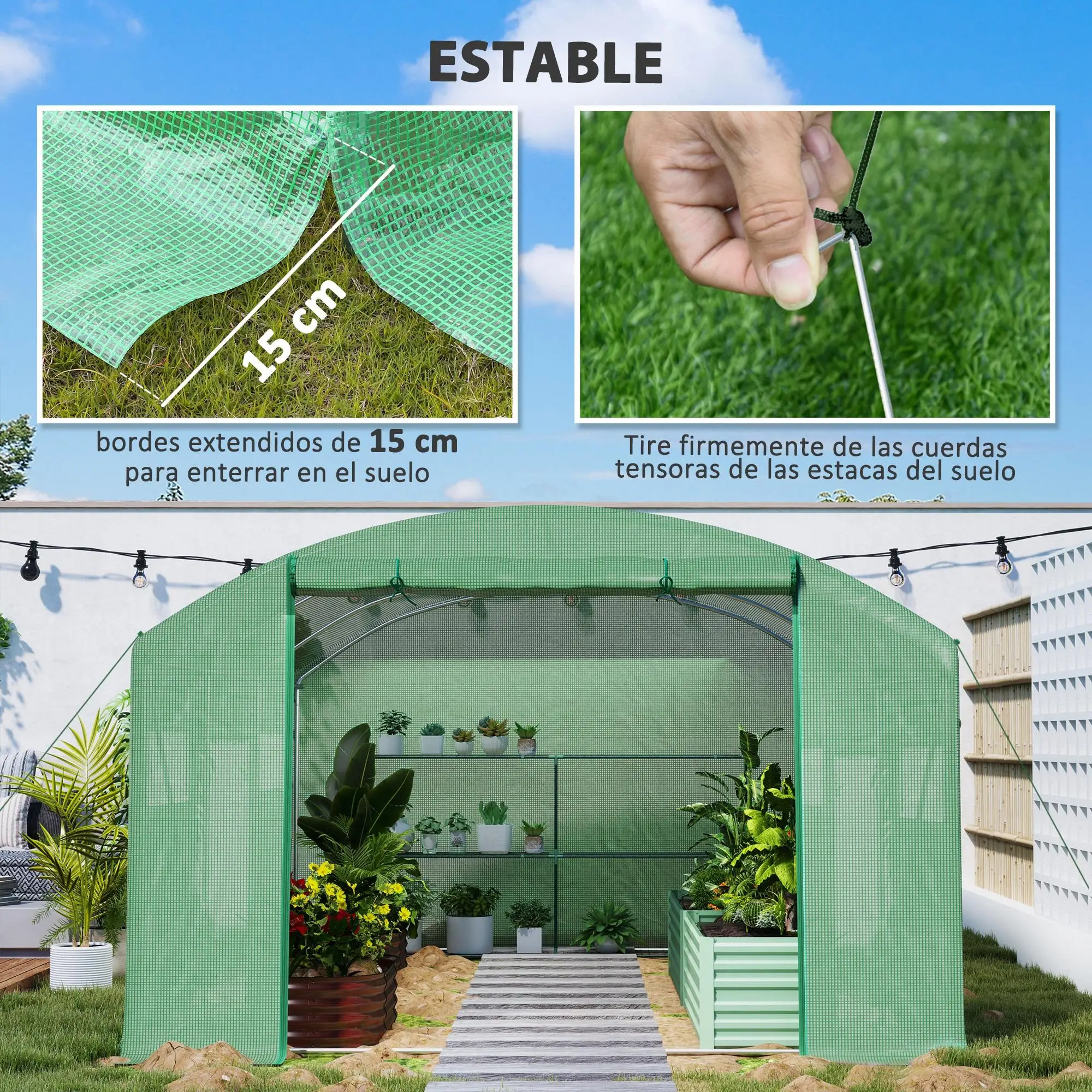 Serre tunnel en PE vert 4x3x2m, structure en acier, 6 fenêtres, 3 volets pour jardin toute l'année
