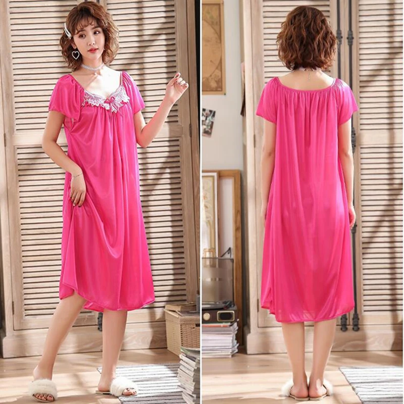 Women\'s Summer Ice Silk Nightdress Short Sleeve Crew Neck Lace Sexy Sleep Dress Sleepwear Nightgown Sleepshirt Loungewear Nighty