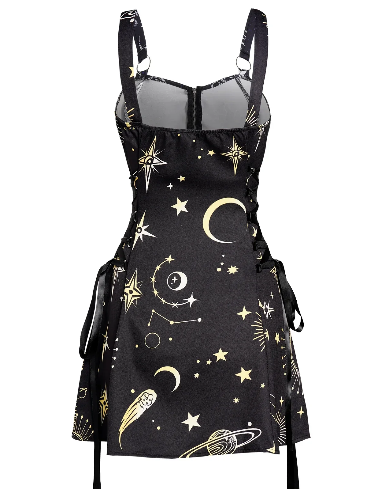 Vestido con estampado de estrellas y sol para mujer, traje de media cremallera con cordones, cintura alta, minibata de línea A, camiseta sin mangas informal A la moda, Lolita