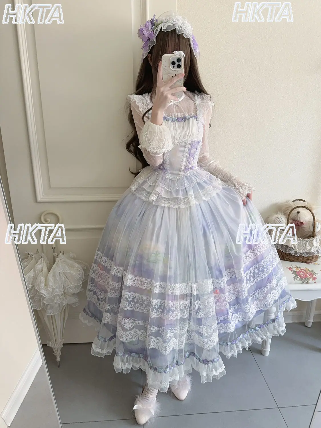 لوليتا فستان الأميرة الحلوة أنيقة الظلام تحلق كم الدانتيل خياطة الأشرطة رمادي أزرق طويل الحمالات سترة تنورة علوية مجموعة النساء