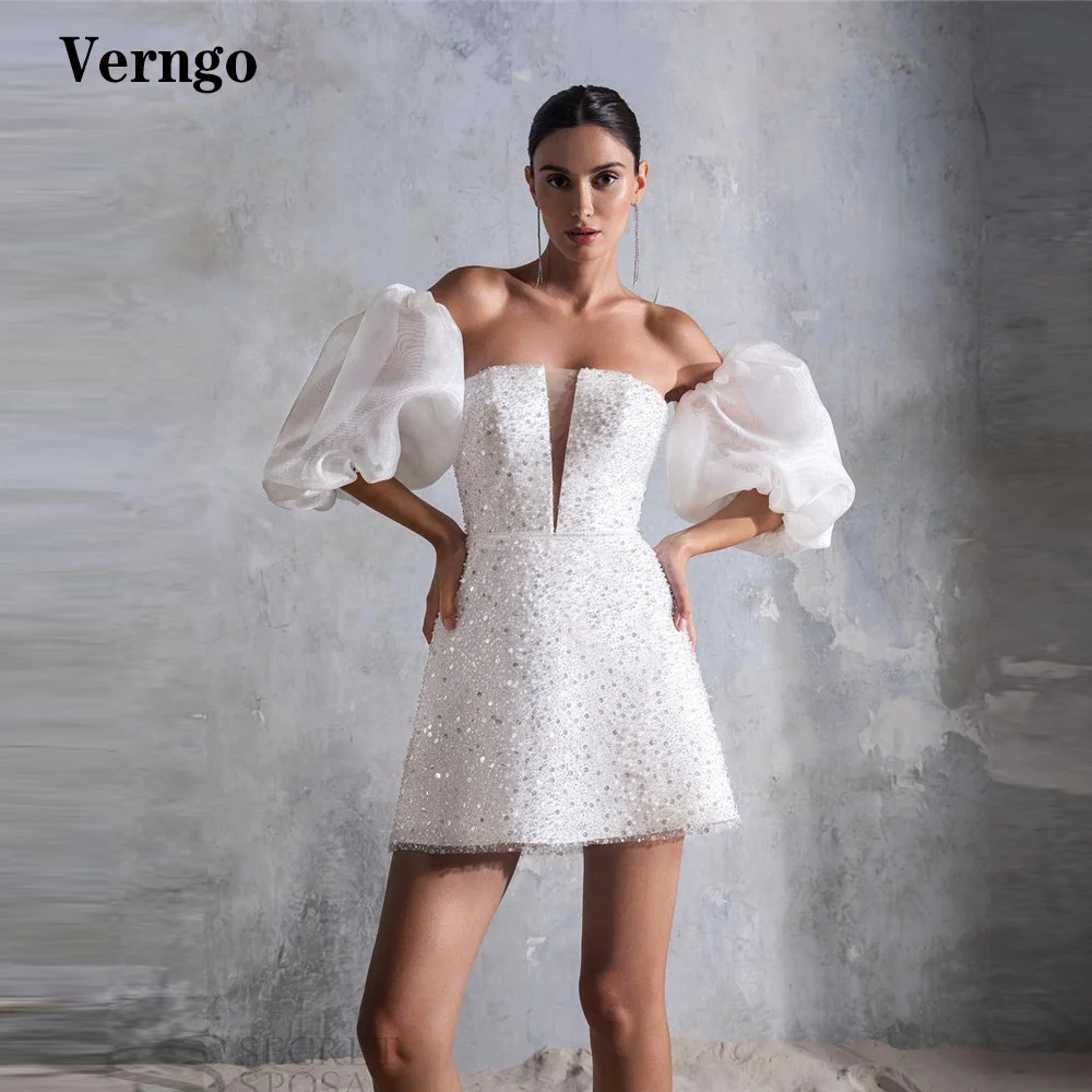 

Verngo Glitter Short Wedding Dresses Strapless Puff Sleeves A Line Modern Bride Party Dress Robe de mariage Fashion Bridal Gowns