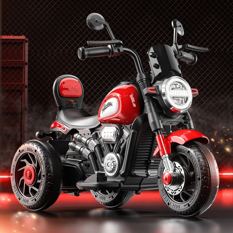 دراجة نارية كهربائية للأطفال بثلاث عجلات، لعبة سيارة قابلة لإعادة الشحن، أضواء موسيقية، محرك مزدوج، مقعد ثابت ومسند الظهر