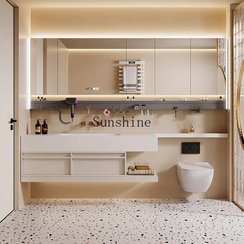 

Light luxury rock slab hot bending integrated basin bathroom cabinet combination, solid wood intelligent storage bathroom