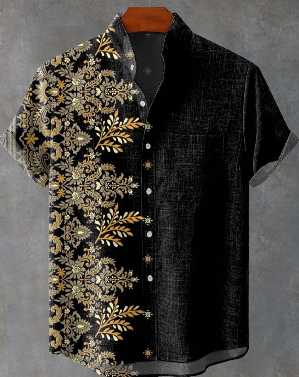 

Fashionable men's Hawaiian shirt with ethnic print pattern short sleeved shirt top, beach vacation casual wear hot selling item