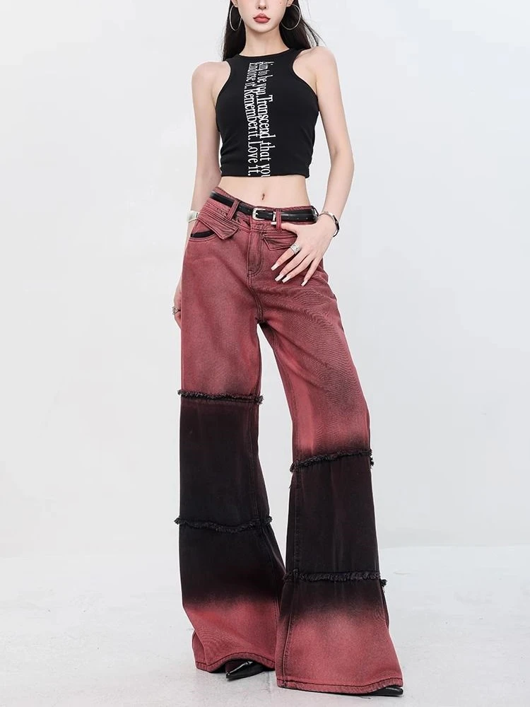 

Women's Patchwork Color Collision Design Wide-leg Jeans Cool Girl Baggy Pant Fashion Bottoms Female High Waist Straight Trousers