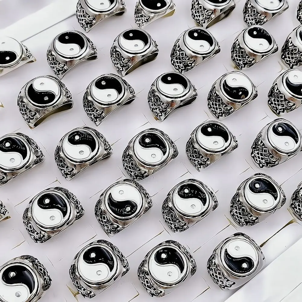 10 stücke ringe für Männer und Frauen Emaille Tai Chi Bagua Yin Yang Modeschmuck Silber Farbe Party Geschenke