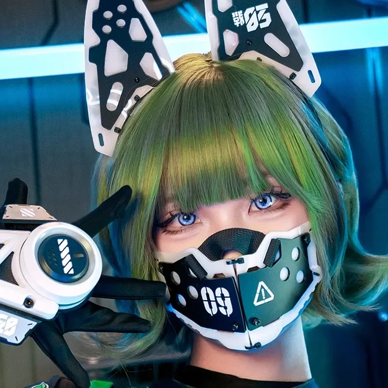 Jogo cyberpunk cosplay máscara orelhas de gato headwear acessórios feminino ficção científica mecânica mechs máscara mão armadura cosplay adereços dia das bruxas