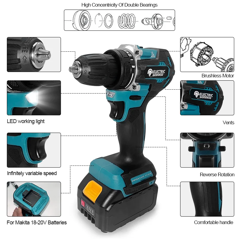 DDF487 Electric Goddess Brushless Motor Cordless Electric Impact Drill Multifunctional Industrial Adjustable Speed Power Tools