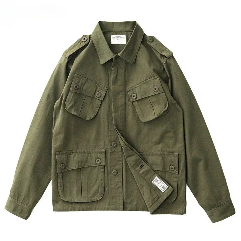 Multi Pocket Cargo Jacket Mens Spring Autumn American Vintage Tactical Coats Lapel Collar Casual Fashion Outwear Army Green