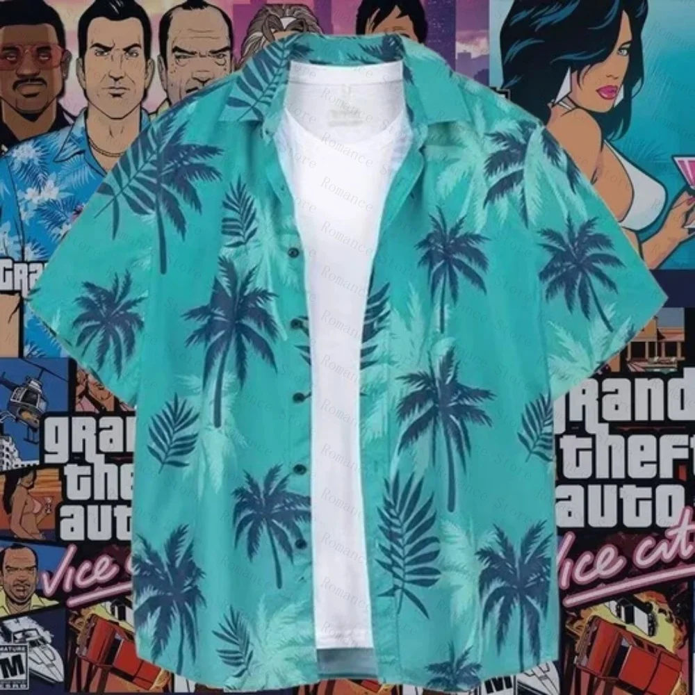 Camisa Hawaiana Vice City con Palmeras Tropicales, Manga Corta, Abotonada, para Playa, Fiesta, Casual, para Niños, Hombres y Mujeres