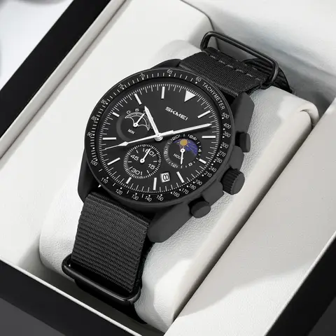SKMEI 9392 Men Quartz Watch Fashion Wristwatch 3Bar Waterproof Nylon Strap Countdown Multi Sub-dials Sun Moon Pattern Adjusted