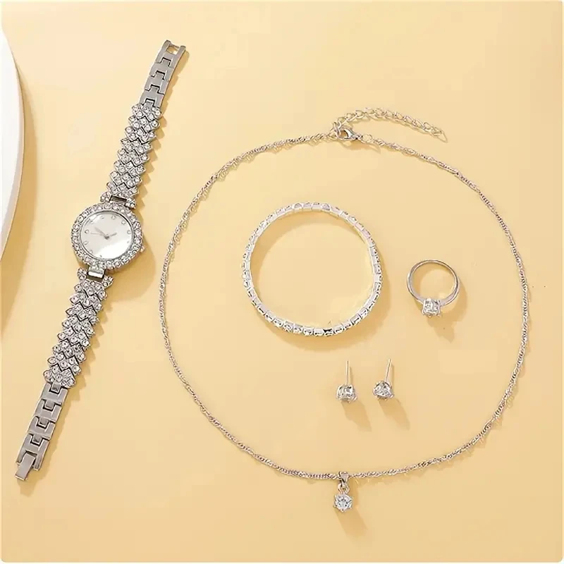 6PCS/Set Elegant Silver Diamond Women\'s Watch Student Elegant High end Simple Luxury Women\'s Watch