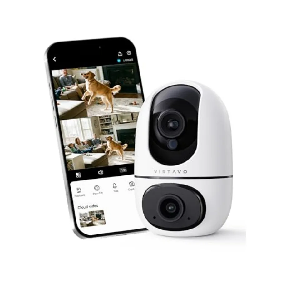 

Indoor Security WiFi Camera, No Subscription Required, Dual-Lens 360° PTZ Baby Monitor and Pet Cam, Motion Tracking, 2-Way Audi