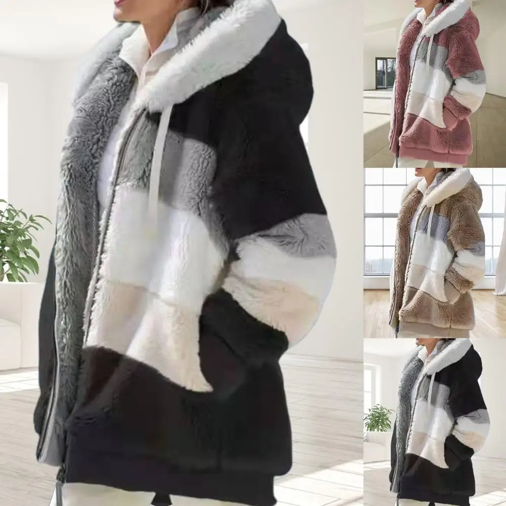 

Warm Long Sleeve Jacket Autumn Winter Women Color Block Zipper Fluff Hooded Coat Jacket